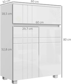 Kleankin Szabadonálló Fürdőszoba Tároló Szekrény 2 Ajtóval és 1 Fiókkal, Állítható Polccal, Fényes Fehér, 60Sz x 30Mé x 80Ma cm | Aosom