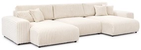 Krémszínű kordbársony kinyitható-tárolóhelyes (U alakú) sarokkanapé Sarina – Ropez