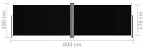 fekete behúzható oldalsó napellenző 180 x 600 cm