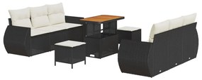 9 darabos kertibútor szett párnákkal fekete poly rattan akácia, 3 darabos kertivacsora szett párnákkal fekete poly rattan akácia