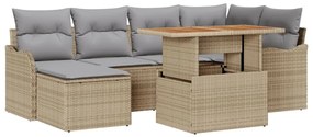 7 Részes Kert Kanapé Szett Párnákkal Bézs Poly Rattan Akáccal, 2-Személyes Kert Kanapé Párnákkal Bézs Poly Rattan