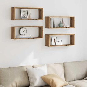 4 db kézműves tölgy színű szerelt fa fali kockapolc 60x15x23 cm