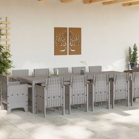 13 részes Kerti Étkező Szett Párnákkal Világosszürke Polirattan, Kerti Asztal Világosszürke 150x100x73 cm Polirattan, Kerti Székek Párnákkal 4 db Világosszürke Polirattan