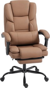 HOMCOM ergonomikus irodai szék lehúzható lábtartóval — állítható magasság, deréktámasz, 360°-os forgás, állatbarát műbőr, barna | Aosom