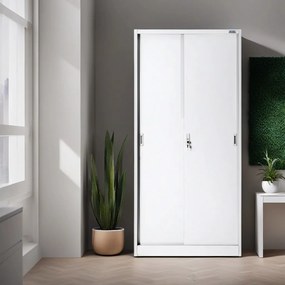 Fém iratszekrény polcokkal tolóajtókkal KUBA, 900 x 1850 x 400 mm, fehér