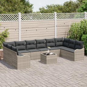 11 Darabos Kerti Kanapé Szett Párnákkal Szürke Poli Rattan, 2-Fős Kerti Kanapé Párnákkal Világosszürke Poli Rattan