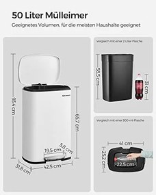 Konyhai pedálos kuka, 50l szemetes kuka puha záródással, fehér