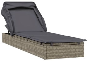 Szürke polyrattan napozóágy összecsukható tetővel 213x63x97 cm