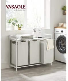 Szennyestartó, 3 rekeszes szennyeskosár fém kerettel, fehér