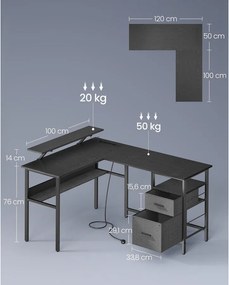 L alakú sarokíróasztal LED világítással, 4 konnektorral, 2 USB-porttal és monitorállvánnyal, 150 x 120 x 76 cm, fekete