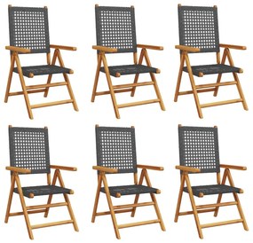6 db fekete polyrattan és tömör fa dönthető kerti szék