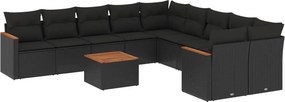vidaXL 11 részes fekete polyrattan kerti ülőgarnitúra párnákkal
