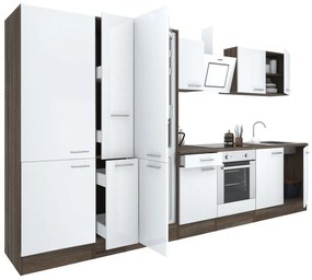 Yorki 360 konyhabútor yorki tölgy korpusz,selyemfényű fehér front alsó sütős elemmel polcos szekrénnyel és alulfagyasztós hűtős szekrénnyel