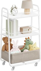 Gurulós tárolókocsi textil kosárral, 3 szintes kerekes tárolókocsi polcokkal, felhőfehér és tevebarna
