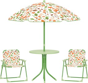 AIYAPLAY Gyermek Kerti Asztal és Szék Készlet 4 Részes, Gyerekeknek Kerek Asztallal és Hajtható Székekkel, Állítható Napernyő, Róka Design, Zöld | Aos