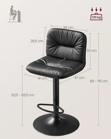 Bárszékek, 2 db állítható magasságú bárszék PU huzattal, háttámlával, fekete