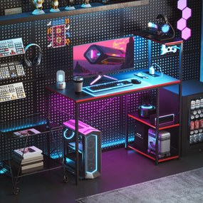 HOMCOM Gaming Asztal LED Fényszórókkal 110x50 cm Szénszálas Gaming Asztal Kimenetekkel Polcokkal és Távvezérlővel Irodához Tanulmányhoz Fekete | Aosom
