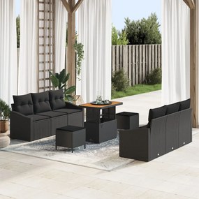 9 darabos Kerti Sofa Szett párnával Fekete Polirattan Akác, 2 személyes Kerti Sofa párnával Fekete Polirattan, 3 darabos Kerti Étkező Szett párnával Fekete Polirattan Akác