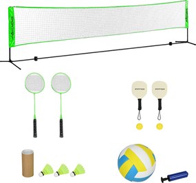 SPORTNOW Tollaslabda Szett, Tollaslabda Háló Állvánnyal, Röplabdák, 4 Racket, Magasságban Állítható Röplabdaháló, Hordtáskában, Beltéri és Kültéri Has