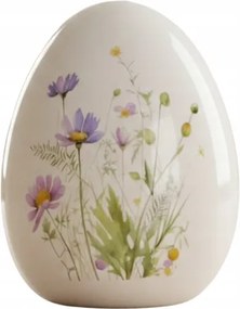 Tojás fehér mázas virágokkal lila/sárga 15,5 cm