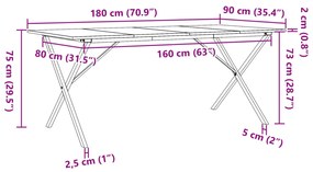 tömör fenyőfa és öntöttvas étkezőasztal X-vázzal 180x90x75 cm