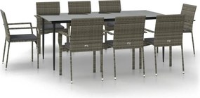 vidaXL 9 részes fekete és szürke polyrattan kerti étkezőszett párnával