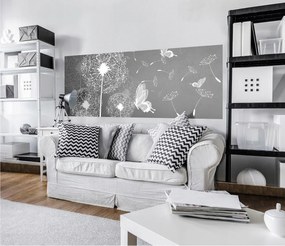 Fotótapéta flizelina Szürke pitypangok és pillangók Stílus és könnyűség 250x104 +ragasztó