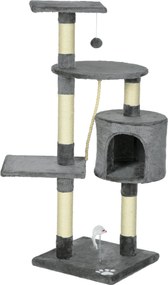 PawHut Macska Kaparó 116 cm Magas Macska Fa Mászótorony Játékos Sziszál Kaparó Oszlopokkal, Kényelmes Barlanggal, Platformokkal és Szórakoztató Függő