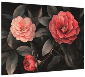 Üveg kép - Vörös virágok sötét háttér előtt (70x50 cm)