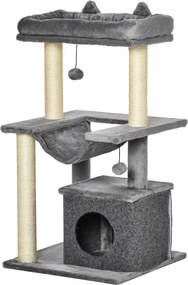 PawHut 90 cm Macskafa Kaparóposzttal és Függőággyal - Macska Csemege, Játékfa, Macskaodú, Mászófa, Tevékenységi Fának Szőrmés Szizál Szürke | Aosom