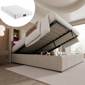 Franciaágy Kárpitozott ágy Usb-c Hidraulikus 140x200 Bézs+matrac