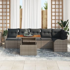 7 darabos kerti kanapé szett párnákkal szürke poly rattan akác, 2 személyes kerti kanapé párnákkal szürke poly rattan