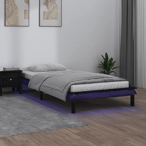 kis egyszemélyes fekete tömör fa LED-es ágykeret 75 x 190 cm