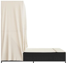 Fekete polyrattan dupla napozóágy tetővel és függönnyel