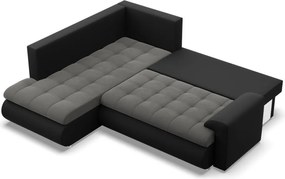 Tokio sarokkanapé, L alakú háttámlával, 2 ágyneműtartóval, bársony + műbőr, baloldali, szürke - fekete