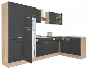 Yorki 340 sarok konyhabútor sonoma tölgy korpusz,selyemfényű antracit fronttal polcos szekrénnyel és felülfagyasztós hűtős szekrénnyel