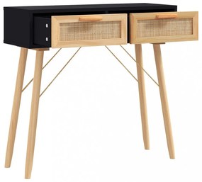 fekete tömör fenyő és természetes rattan tálaló 80x30x75 cm