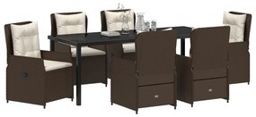 7 Darabos Kerti Étkezőszett Barna Poli Rattan, Kerti Asztal Fekete 200x80x73 cm Edzett Üveggel