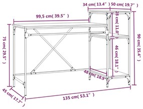 szürke sonoma fa és vas íróasztal polcokkal 135x50x90 cm