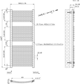 Íves törölközőszárító radiátor 1200x500 mm fekete