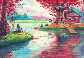 Fotótapéta - Akvarell, Öböl egy hegyi faluban (147x102 cm)