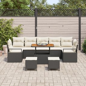10 darabos kerti kanapészett párnákkal, fekete poli rattan akáccal, 2 személyes kerti kanapé párnákkal, fekete poli rattan, 3 darabos kerti étkező szett párnákkal, fekete poli rattan akáccal