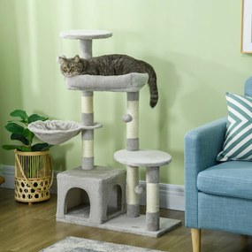 PawHut Macskafa Kintet, 104 cm Magas, Több Szintes Játékcentrummal, Megerősített Oszlopokkal és 3 Függő Labdával, Világosszürke | Aosom