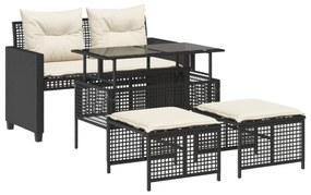 4 részes fekete polyrattan üveg kerti ülőgarnitúra párnával