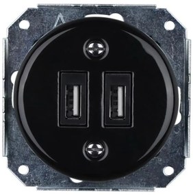 Bohemia-Design - Porcelán retro USB fali aljzat, keret nélküli kivitel, 2x USB-A, fekete