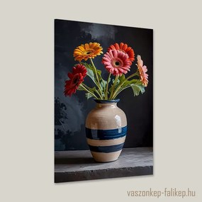 Színes gerberák agyagvázában – természetes elegancia falikép 40x60cm