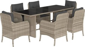 vidaXL 7 részes világosszürke polyrattan kerti étkezőszett párnával