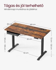 Elektromos magasságállítható íróasztal 140 × 60 cm, konnektorokkal és USB-portokkal, vintage barna-fekete