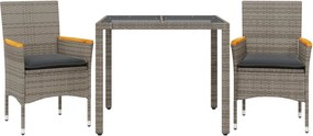 vidaXL 3 részes szürke polyrattan/üveg kerti étkezőgarnitúra párnával