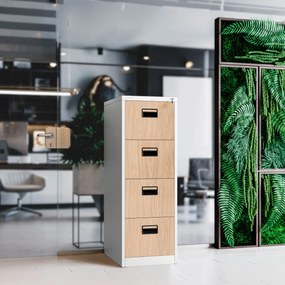 Fém irattartó szekrény, 4 fiókos SARA V4, 460 x 1320 x 620 mm, Eco Design: fehér/ sonoma tölgy